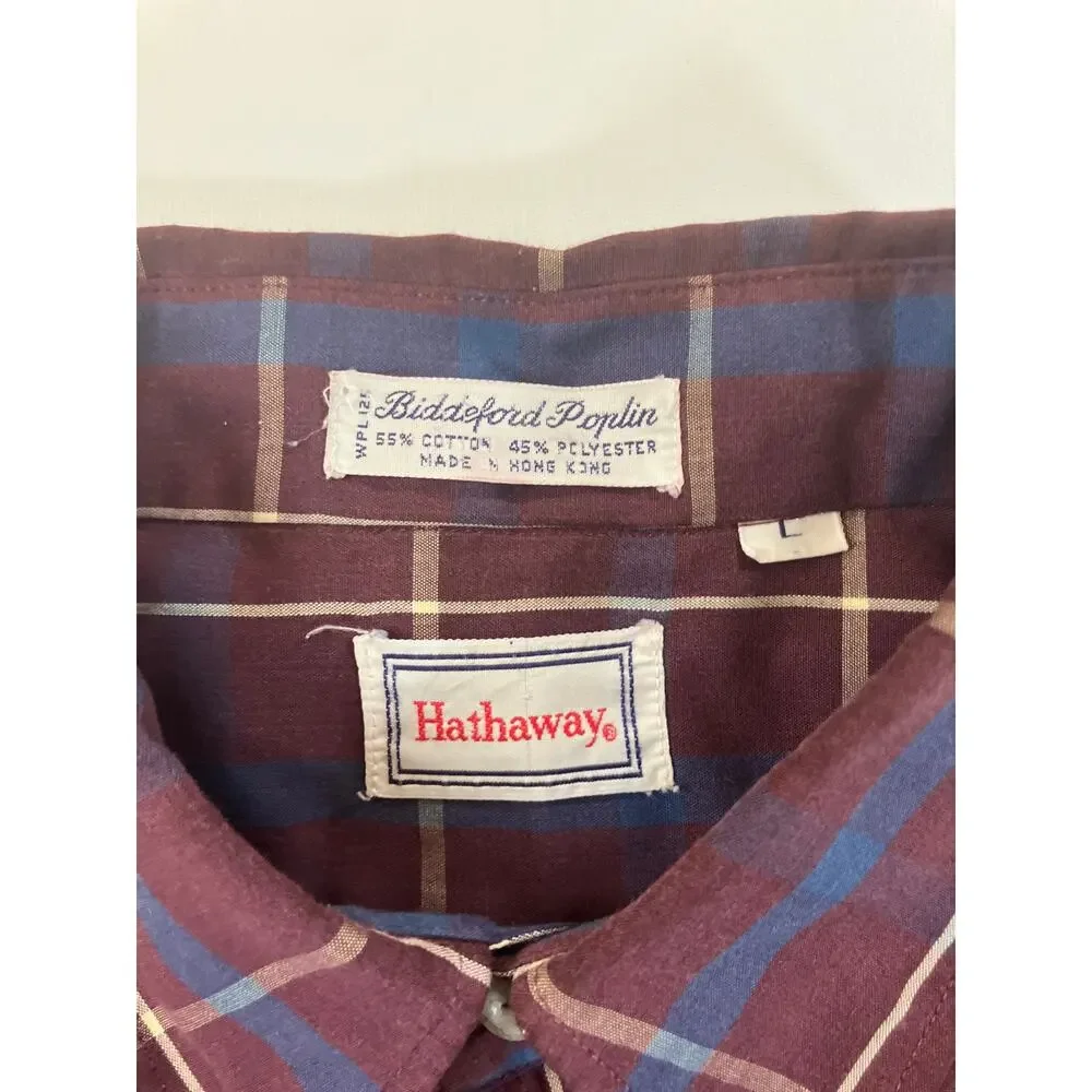 Vintage Hathaway Philadelphia Poplin Shirt Men L Plaid Made Hong Kong Button Up